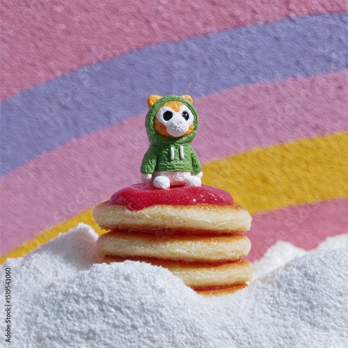 Big-eyed cat character with hoodie on fluffy pancake stack, strawberry glaze, pastel rainbow mountains in background
