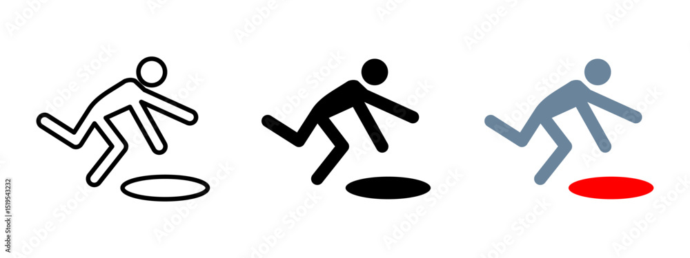 Falling danger icon. Person stumbling and falling into a hole vector illustration. Warning sign about potential hazard or unsafe surface symbol. Accident prevention and safety alert sign. Falling danger icon. Person stumbling and falling into a hole vector illustration. Warning sign about potential hazard or unsafe surface symbol. Accident prevention and safety alert sign.