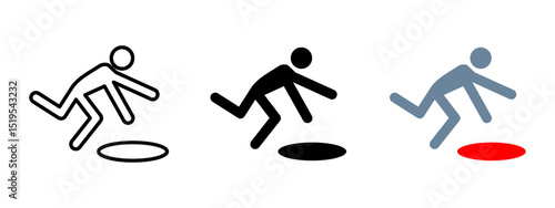 Falling danger icon. Person stumbling and falling into a hole vector illustration. Warning sign about potential hazard or unsafe surface symbol. Accident prevention and safety alert sign.