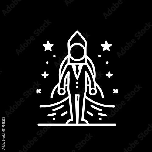 Minimalist line art of a businessman with an ambitious mood launching on a rocket against a black background