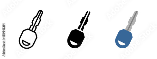 Key icon. Metal car key with rounded handle vector illustration. Symbol of access and ignition used in vehicles and security systems. Automotive control and transport equipment image.