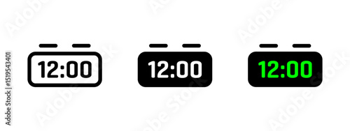 Clock icon. Digital alarm clock with rounded edges and glowing green time display vector illustration. Household electronic device for timekeeping and waking. Modern bedside gadget object.