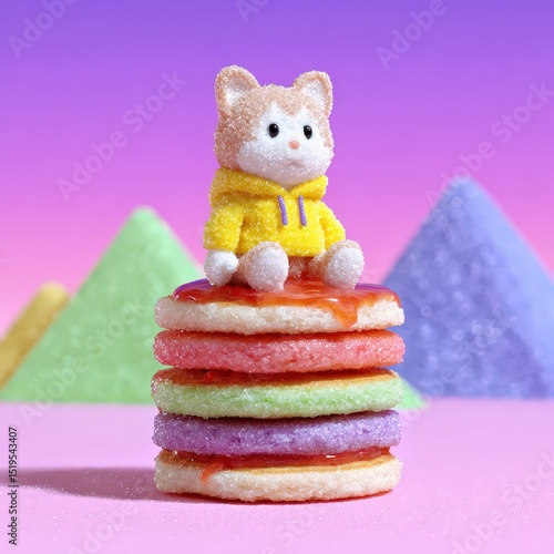 Big-eyed cat character with hoodie on fluffy pancake stack, strawberry glaze, pastel rainbow mountains in background