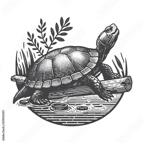Vintage Hand-Drawn European Pond Turtle Climbing Log Illustration, Wildlife Reptile Engraved Style Vector for T-Shirts and Nature Exploration Themes Design
