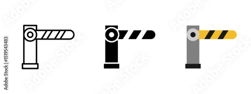 Barrier icon. Horizontal striped boom gate attached to vertical post vector illustration. Used at checkpoints, entrances or parking areas for access control symbol. Traffic stop and road safety sign.