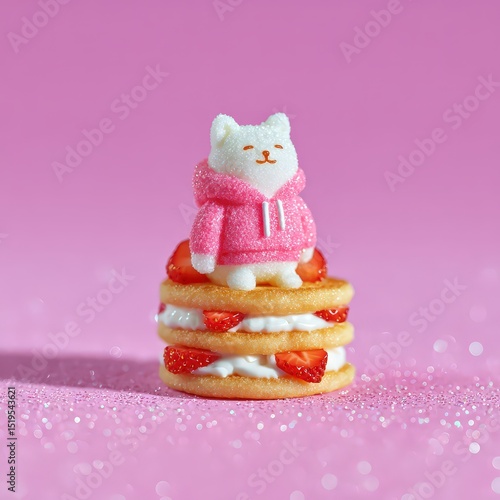 Cute cat sitting on pancakes with whipped cream and strawberries, pastel sparkles background, tiny hoodie and joyful face