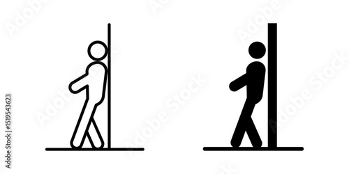 Man leaning icon. Person standing upright with back against wall vector illustration. Posture near vertical surface symbol. Simple human figure in relaxed position sign. Minimal silhouette pictogram.