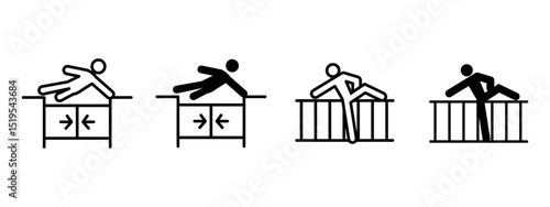 Trespasser icon. Person climbing over fence or barrier vector illustration. Illegal crossing and restricted access warning symbol. Security breach or prohibited entry sign. Safety violation pictogram.