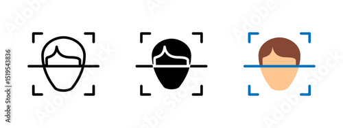 Face recognition icon. Human head scanned inside detection frame vector illustration. Used for biometric authentication and security verification symbol. Identity access sign. Digital login pictogram.