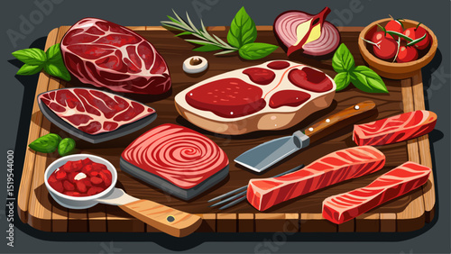 Variety of Raw Black Angus Prime meat steaks Machete, Blade on bone, Striploin, Rib eye, Tenderloin fillet mignon on wooden board