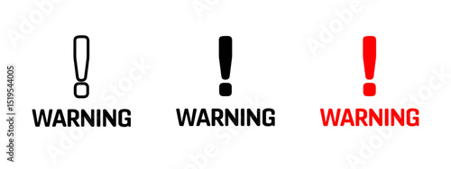 Warning icon. Exclamation mark above the word WARNING in various styles vector illustration. Used in emergency alerts and caution signs symbol. Important attention notice sign. Danger alert pictogram.