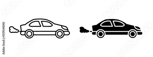 Car exhaust icon. Sedan car emitting smoke from the exhaust pipe vector illustration. Symbol of vehicle emissions and air pollution sign. Environmental impact of fossil fuel cars pictogram.