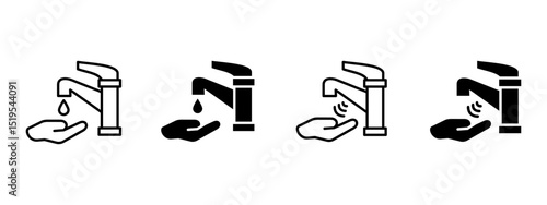 Hand icon. Palm under water stream from automatic faucet vector illustration. Touchless hygiene technology for clean handwashing symbol. Sensor-activated tap sanitation sign pictogram.