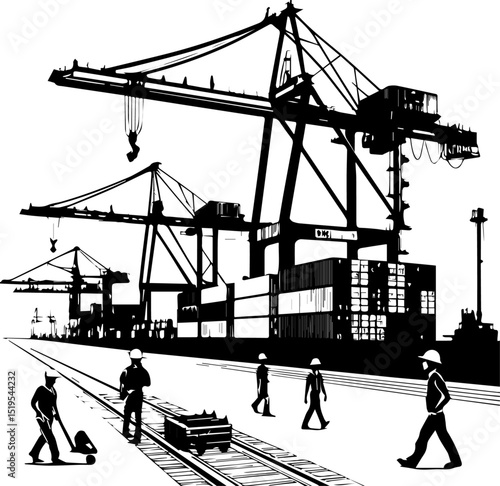 Container Terminal Port with Cranes, Cargo Ships, and Workers Silhouette
