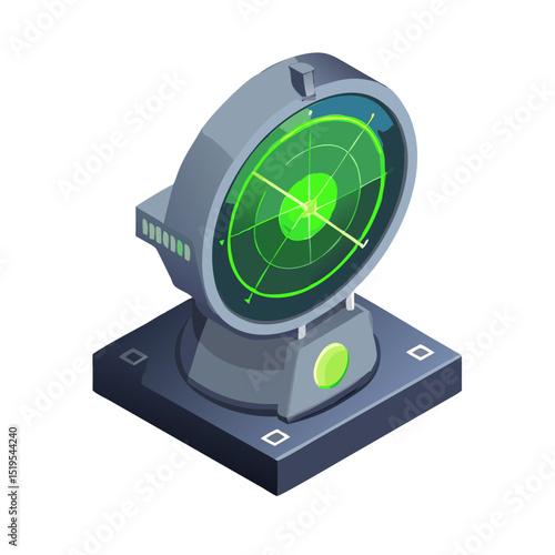 High-tech radar device displaying green signals on a stable base for navigation or tracking purposes