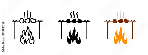 Campfire grill icon. Roasting meat on stick above open flame vector illustration. Outdoor cooking symbol for camping and picnic scenes. Survival food preparation sign.