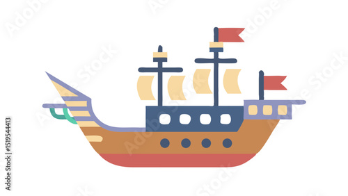 Colorful pirate ship graphic sailing over calm waters with flags fluttering in the breeze
