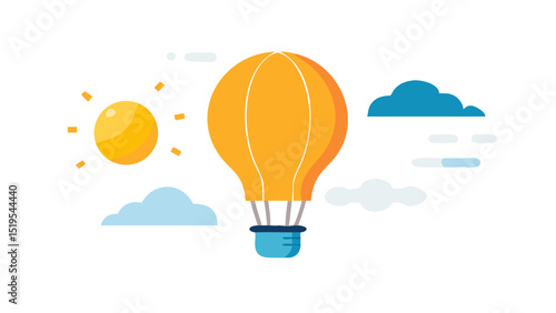 Colorful hot air balloon floats high in a bright sky with sunlight and fluffy clouds during a beautiful day
