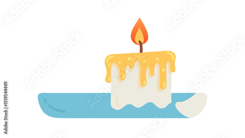 Candle with melting wax on a blue base, creating a warm and inviting ambiance in a cozy setting