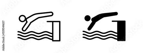 Swimming icon. Athlete diving from platform into water waves vector illustration. Sports training and competition activity symbol. Aquatic performance and motion representation pictogram.