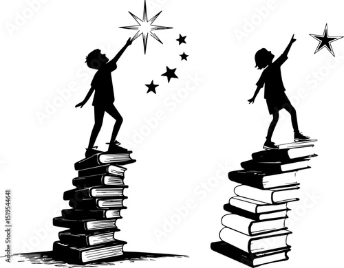 Children Reaching for Stars on Stacks of Books: Education and Aspiration Concept