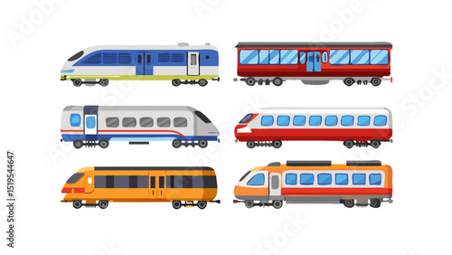 Different types of trains illustrated in a colorful and engaging design for transportation enthusiasts
