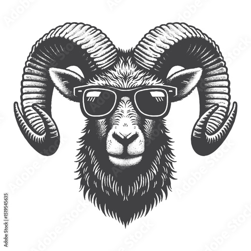 Vintage Hand-Drawn Mouflon Head Wearing Sunglasses Illustration – Wild Animal Engraved Style Vector for T-Shirts, Posters, Stickers, and Humorous Mountain-Themed Apparel