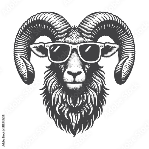 Vintage Hand-Drawn Mouflon Head Wearing Sunglasses Illustration – Wild Animal Engraved Style Vector for T-Shirts, Posters, Stickers, and Humorous Mountain-Themed Apparel