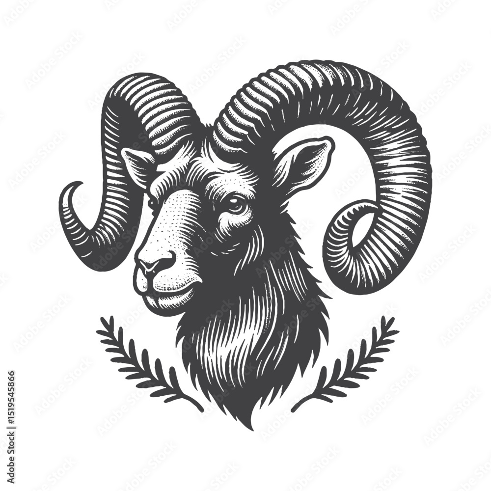 Obraz premium Vintage Hand-Drawn Mouflon Head Side Portrait with Alert Expression Illustration – Wild Animal Engraved Style Vector for T-Shirts, Posters, Stickers, and Mountain Wildlife-Themed Apparel