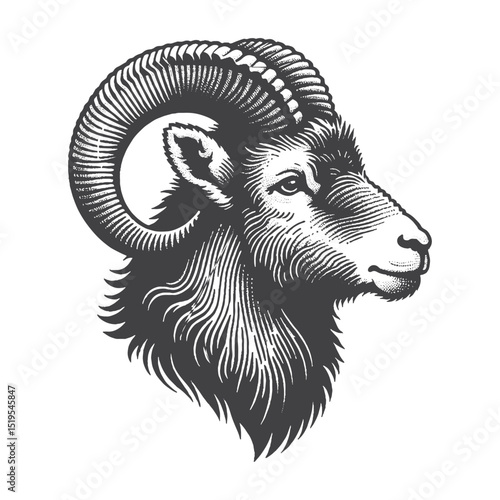 Vintage Hand-Drawn Mouflon Head Side Portrait with Alert Expression Illustration – Wild Animal Engraved Style Vector for T-Shirts, Posters, Stickers, and Mountain Wildlife-Themed Apparel