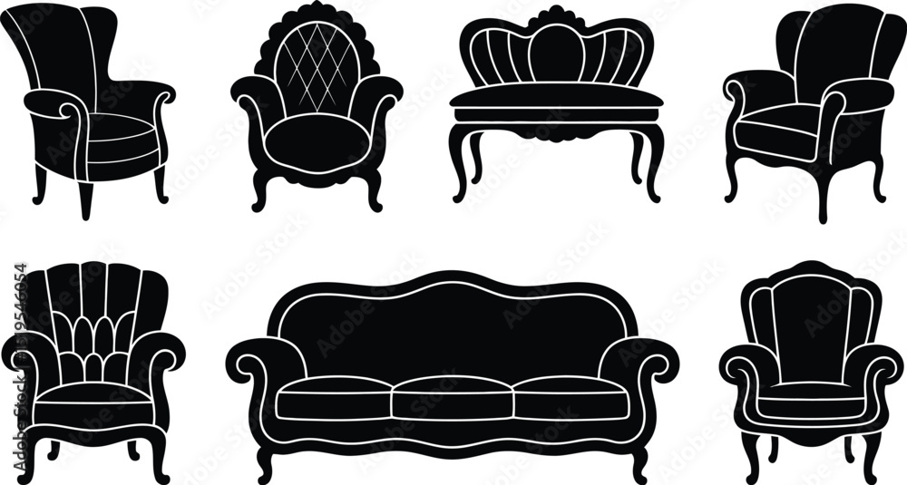 A collection of six different black silhouette style furniture pieces on a white background image design A collection of six different black silhouette style furniture pieces on a white background image design