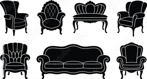 A collection of six different black silhouette style furniture pieces on a white background image design