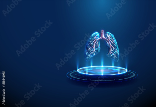 Lungs on futuristic podium. Pulmonary diagnostics, respiratory analysis and biotechnology concept.