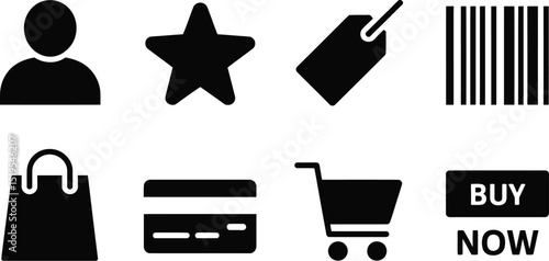 A collection of eight black and white icons related to online shopping and e commerce services
