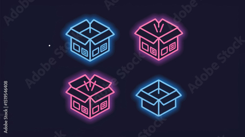 Four neon open box icons in blue and pink colors against a dark background in a graphic design style