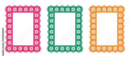 Set of frames with flowers. Mexican frame - papel picado paper cut effect. Mexican floral pattern on frame. Isolated vector illustration.