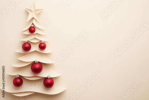 Paper christmas tree with red ornaments on a light beige background art