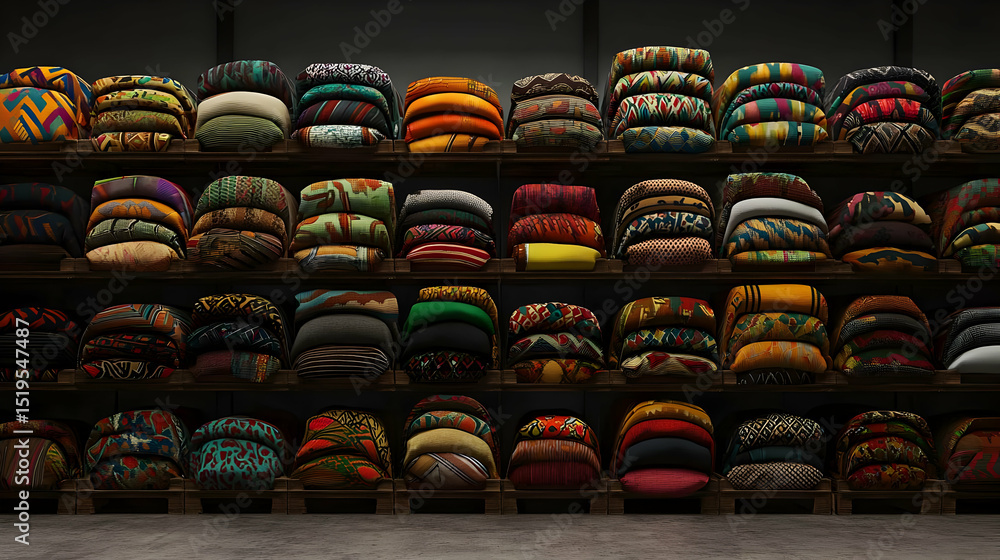 Fototapeta premium Colorful Patterned Textiles Displayed On Wooden Shelves