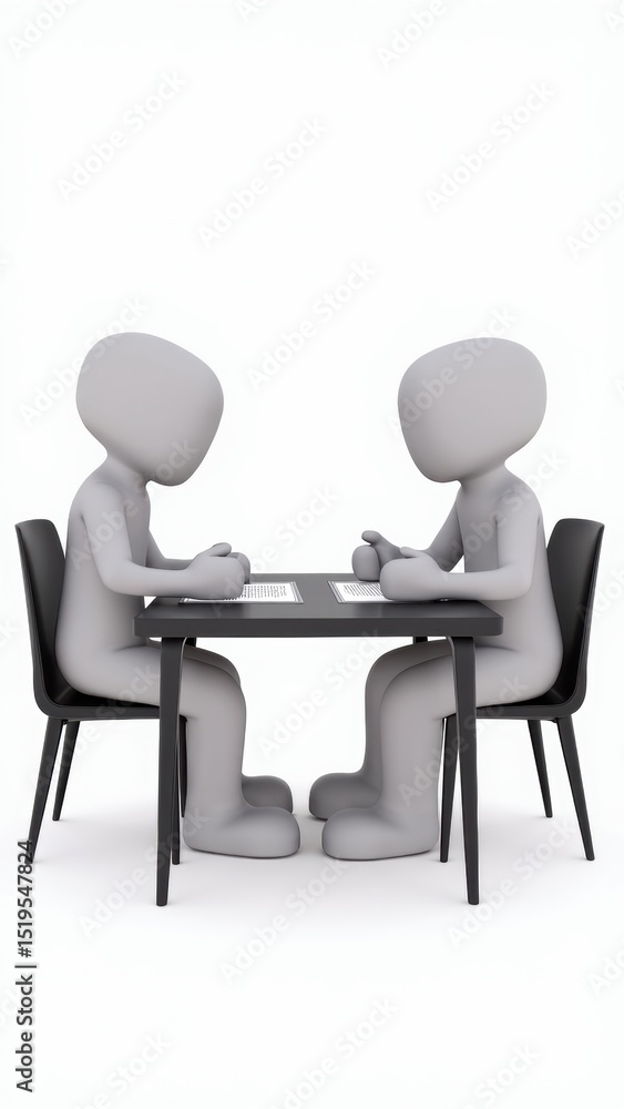 Fototapeta premium A 3D icon of a negotiation table with two men and a document, neutral tones, subtle tension in composition .