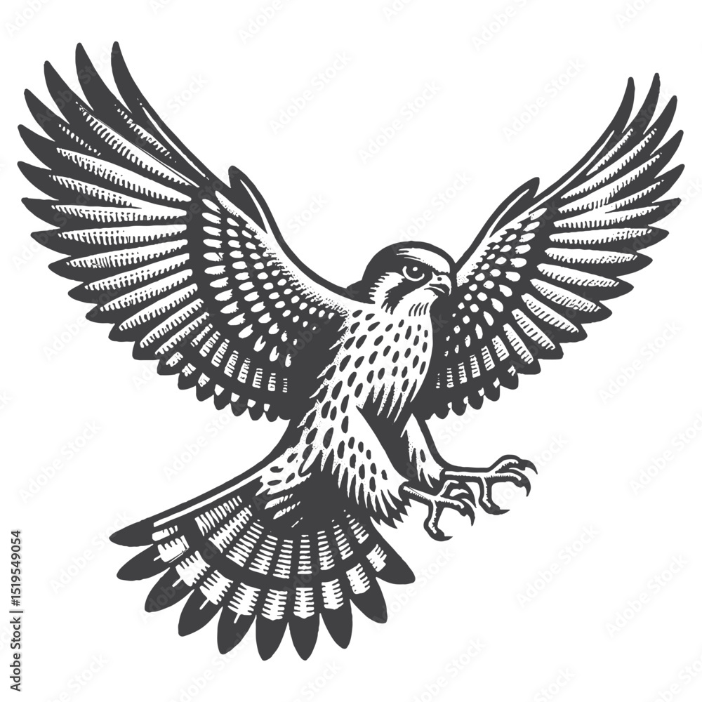 Obraz premium Vintage Hand-Drawn Lesser Kestrel Flying With Wings Spread Illustration – Bird Wildlife Engraved Style Vector for T-Shirts, Posters, Stickers, and Nature Flight Themes Apparel