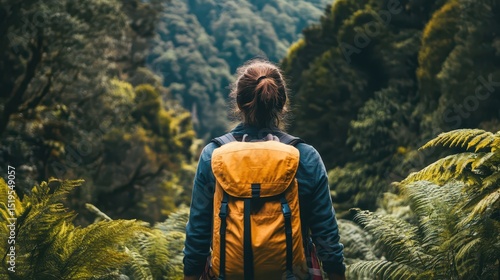 wide panoramic travel banner background with isolated female traveler girl with backpack standing on top of mountain and looking at mountain valley