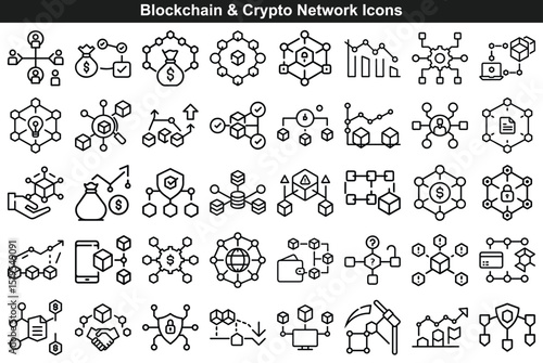 Blockchain and Crypto Network Icon Set Featuring Decentralized Systems and Technologies
