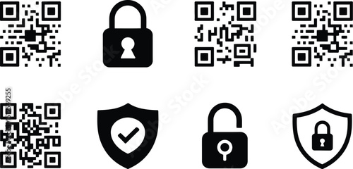 Illustration of qr codes, open and closed padlocks, and shields on a white background surface