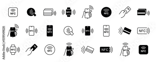 Nfc icon set. Contactless wireless pay sign logo. NFC payments icon for apps. Contactless NFC payment sign. NFC payment with smartphone icons. Vector illustration