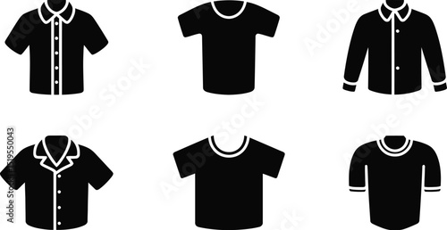 A collection of six black shirt icons including t shirts and button down shirts on a white background