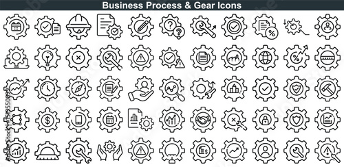 Business Workflow Icon Set Representing Process Management, Strategy, and Technological Solutions through Gear Symbols