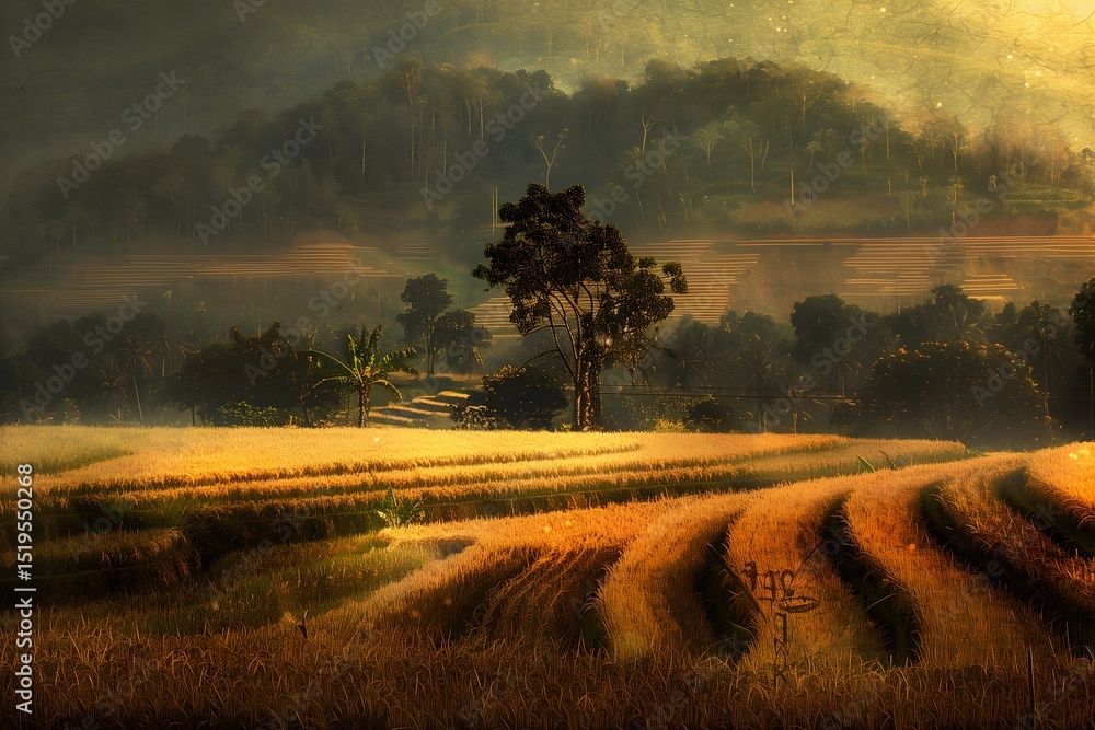 Fototapeta premium Golden Field under the Misty: A panoramic vista unfolds, with a landscape of undulating wheat fields bathed in the golden light of dawn, while rolling hills disappear into the mist.