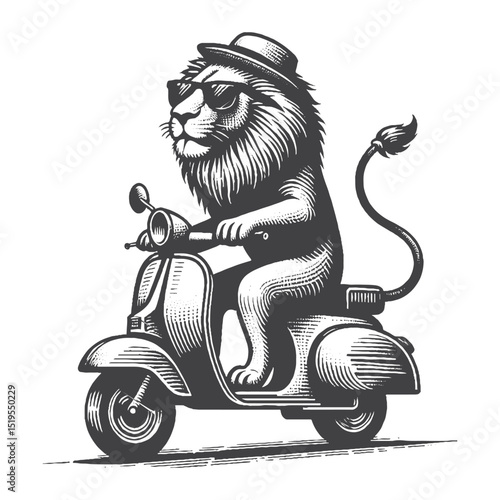 Vintage Hand-Drawn African Lion With Sunglasses Riding a Scooter Illustration – Wildlife Animal Engraved Style Vector for T-Shirts, Posters, Stickers, and Urban Humor Themes Apparel