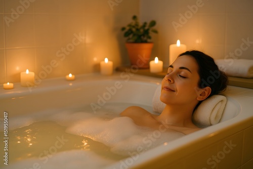 Relaxed woman enjoying a bubble bath by candlelight in a cozy bathroom