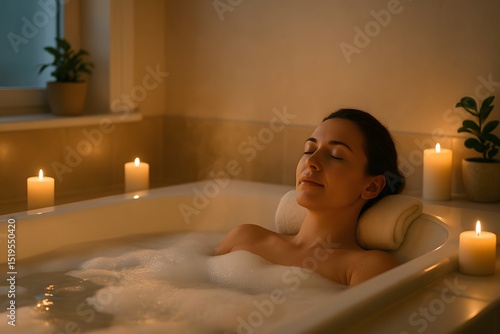 Relaxed woman enjoying a bubble bath by candlelight in a cozy bathroom